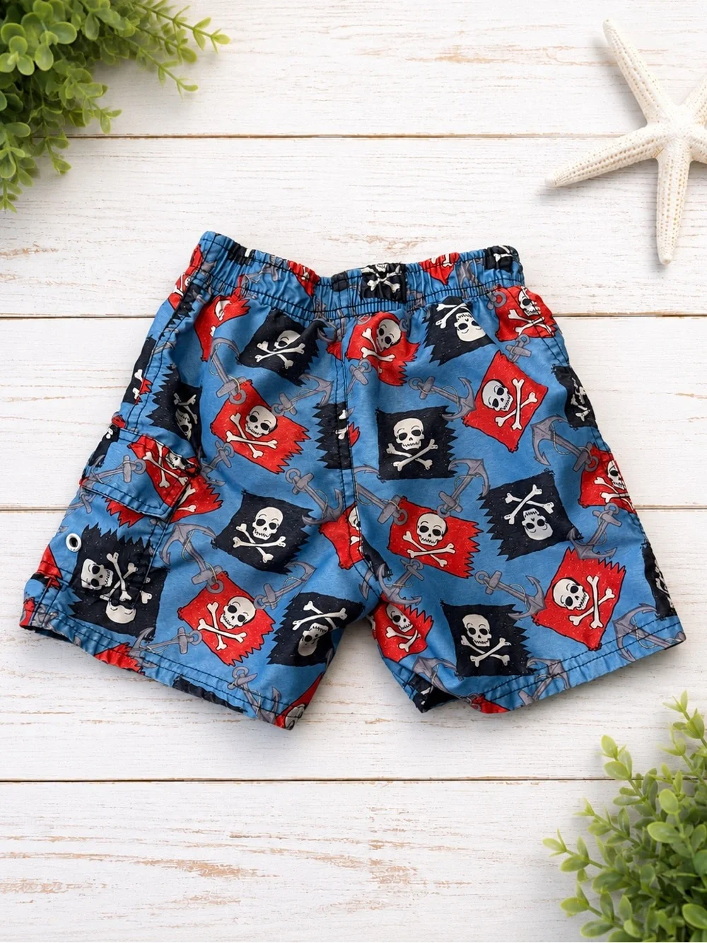 OP Toddler Boys Pirate Skull Swim Trunks Blue Red Size 24M
